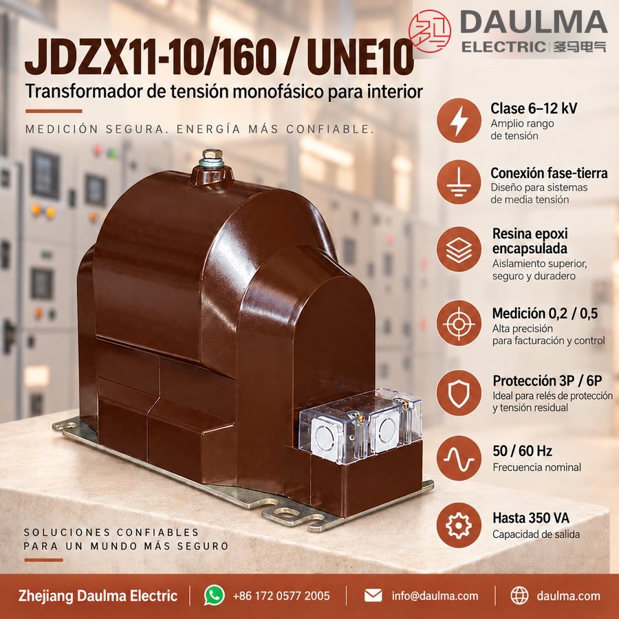 Transformador de tensión monofásico JDZX11-10/160 / UNE10 para 6–12 kV, resina epoxi, interior | daulma.com 1 Transformador de tensión JDZX11-10/160 / UNE10, póster en español 1