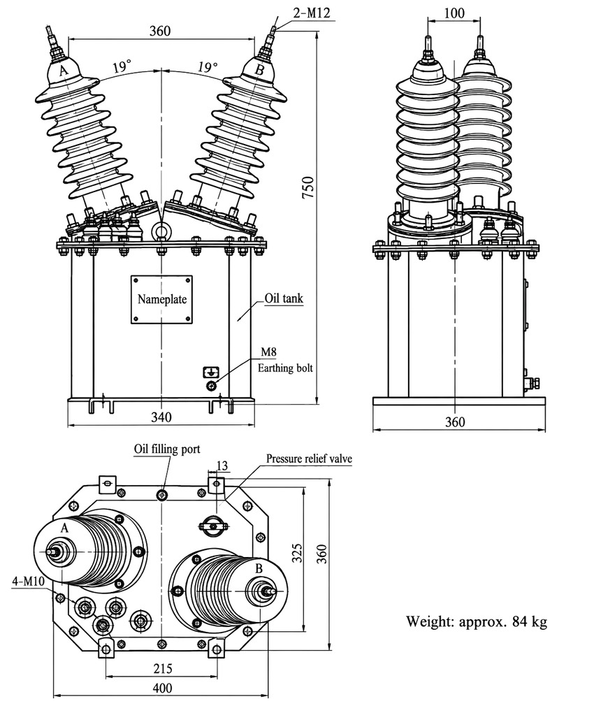 FDE high altitude outdoor oil immersed discharge coil overall dimensions and mounting drawing in millimeters