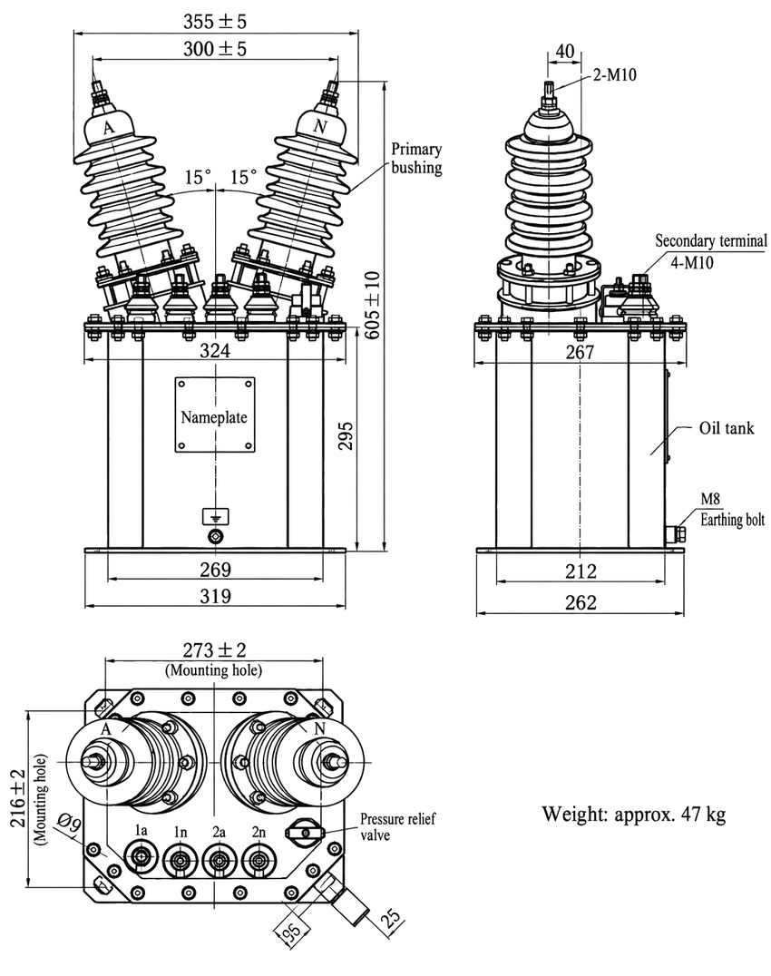 FDE outdoor oil immersed discharge coil overall dimensions and mounting hole drawing in millimeters