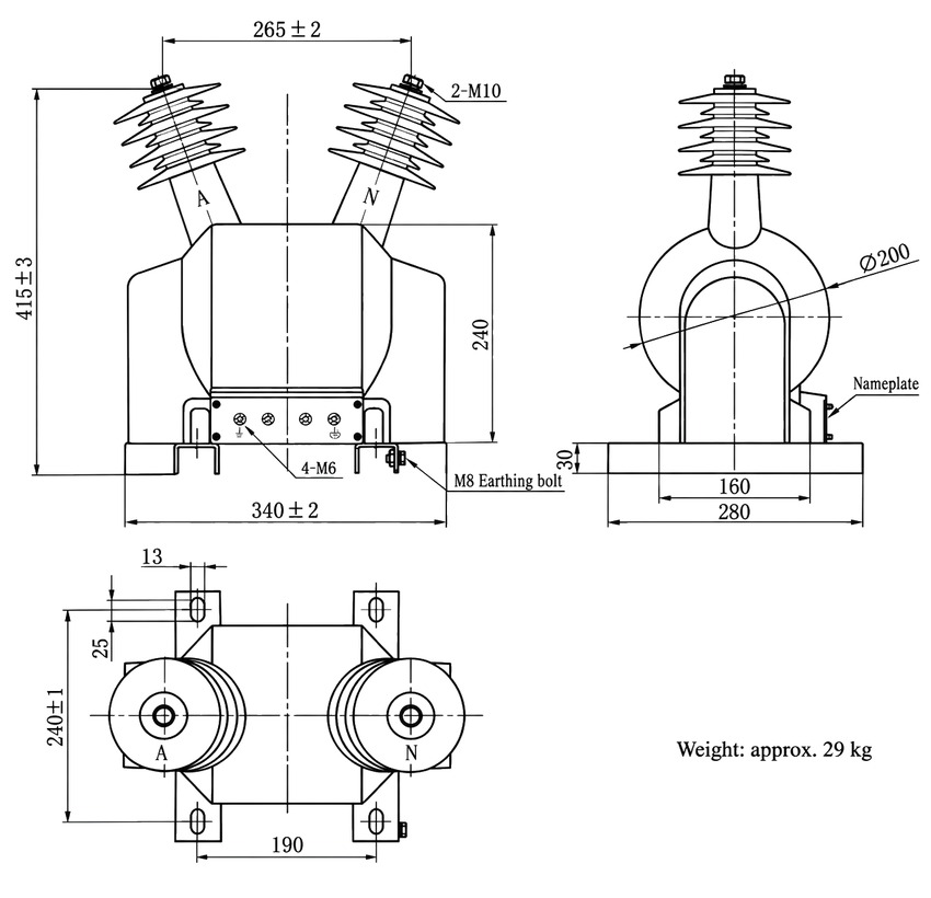 FDGE11 outdoor dry type discharge coil overall installation dimensions, nameplate, mounting holes and earthing bolt