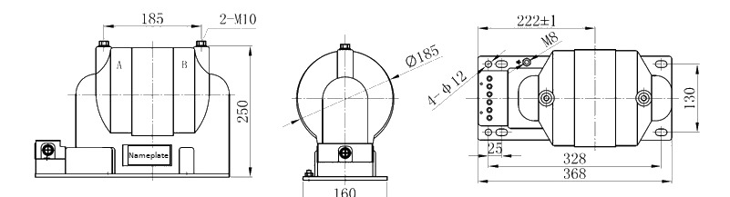 FDGE9 fully-enclosed dry type discharge coil overall installation dimensions, nameplate, mounting holes and terminal layout
