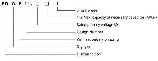 FDGE9 model designation meaning: FD discharge coil, G dry type, E with secondary winding, 9 design number, rated primary voltage kV, max capacitor capacity Mvar, single phase