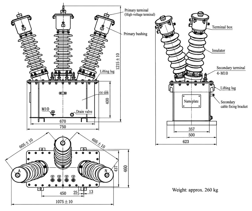 FDGEC outdoor three-phase oil immersed discharge coil overall dimensions and mounting drawing in millimeters