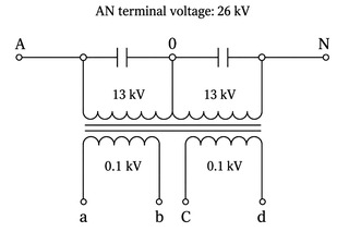 FDGEC three-phase oil immersed discharge coil wiring diagram showing two 13 kV primary winding sections across the capacitor bank with 0.1 kV secondary windings