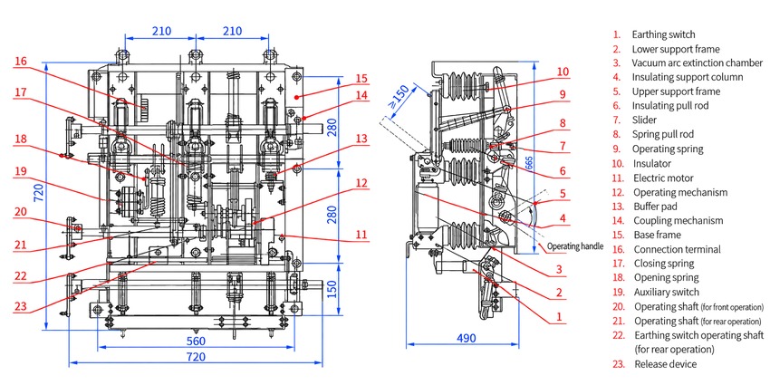 FZN16A-12D overall and installation dimensions drawing with component reference