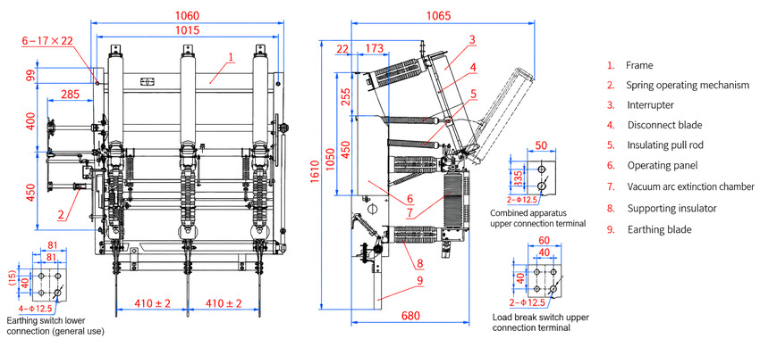 FZN21-40.5 overall and installation dimensions drawing with component reference