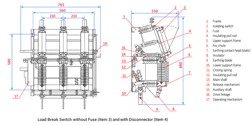 FZN21A-12D overall and installation dimensions drawing with component reference