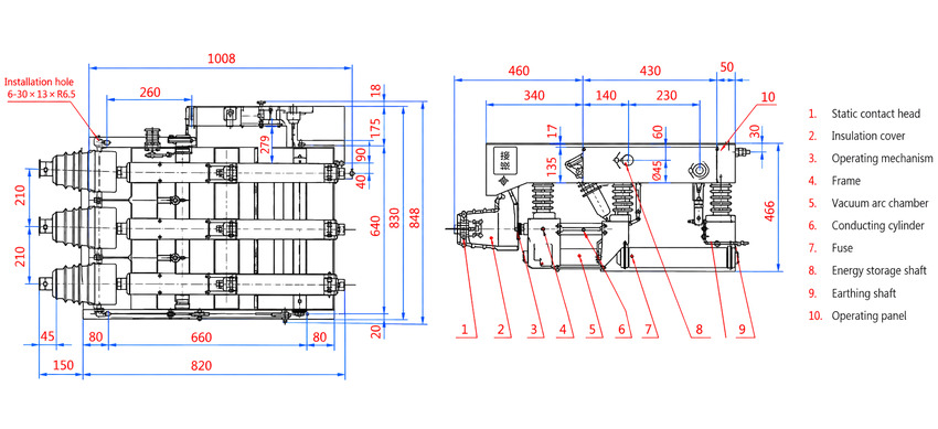 FZN25-12D outline and installation dimensions drawing