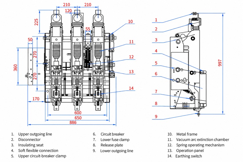 FZN25-12DG indoor high-voltage vacuum load break switch outline and installation dimensions