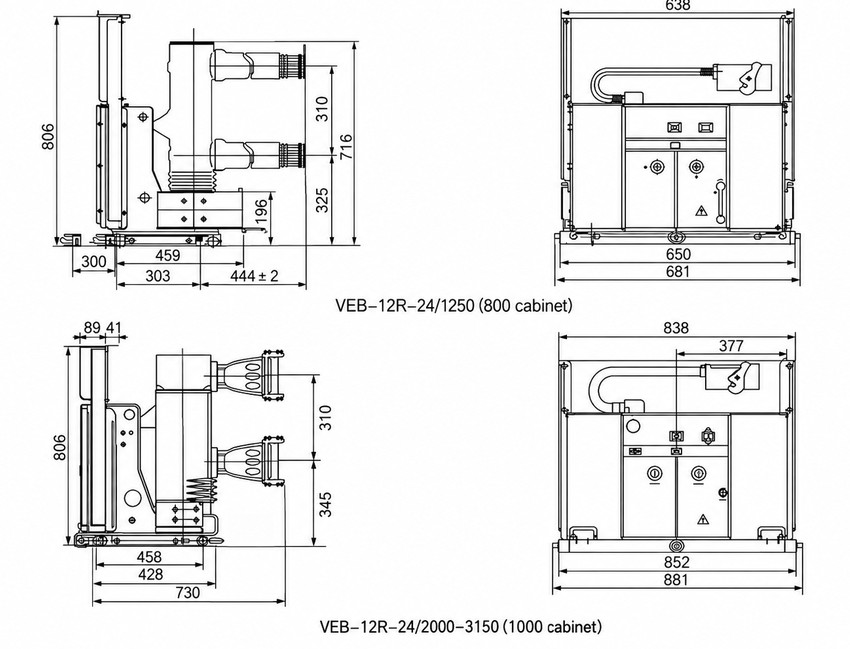 VEB-12R-24 Handcart Indoor High Voltage Vacuum Circuit Breaker Outline and Installation Dimensions