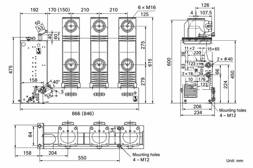 ZN63(VS1)-12 side-mounted indoor vacuum circuit breaker outline installation dimensions