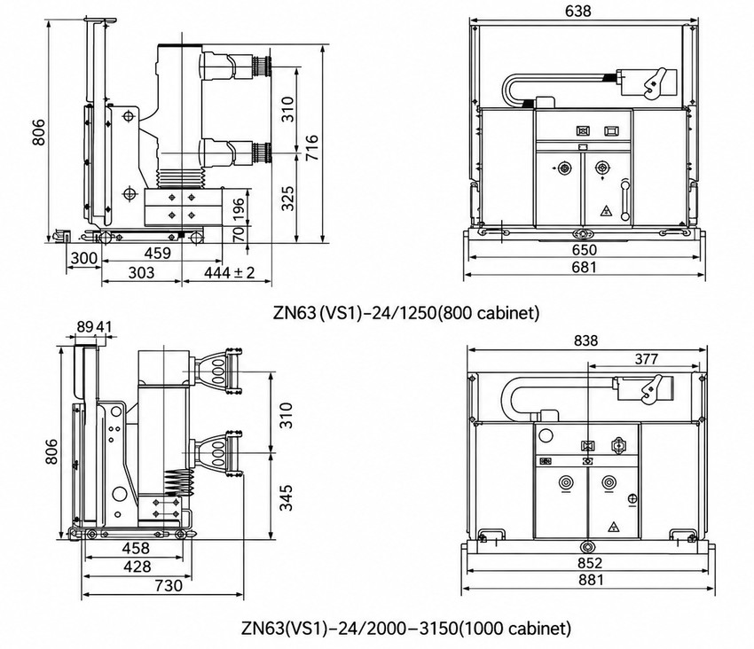 ZN63(VS1)-24 Handcart Indoor High Voltage Vacuum Circuit Breaker Outline and Installation Dimensions