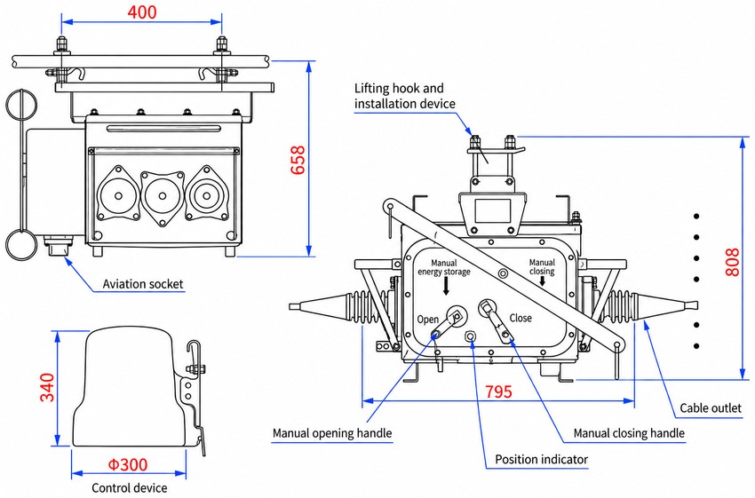 FZW28Z-12 outdoor vacuum sectionalizing load break switch outline and mounting dimensions drawing