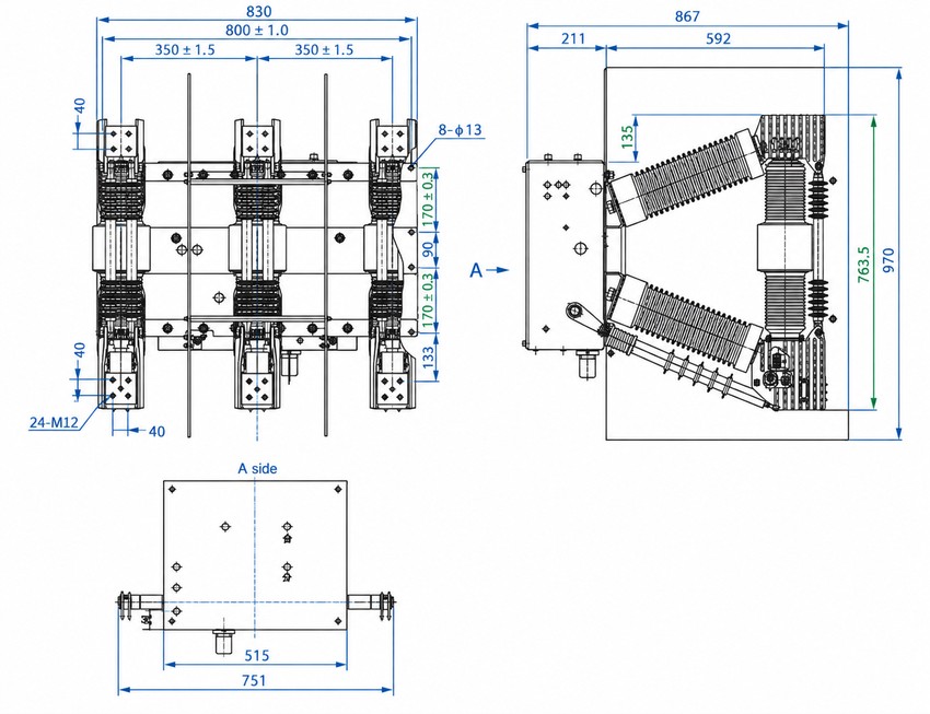 ZN12-12 / 40.5KV indoor high voltage vacuum circuit breaker installation and outline dimensions