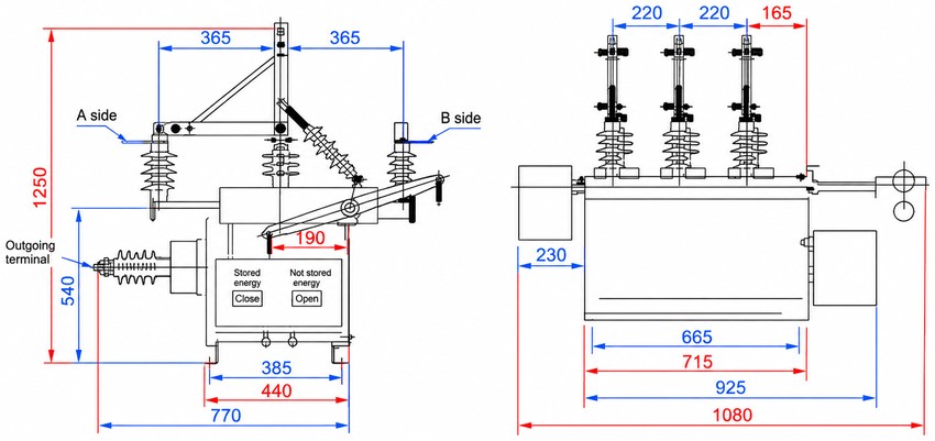 Dimensiones generales y de montaje del interruptor de vacío ZW10-12XDG para intemperie