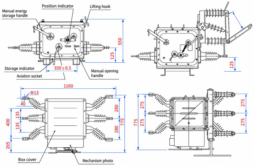 ZW20Z-12 outdoor pole-mounted vacuum circuit breaker outline and mounting dimensions drawing