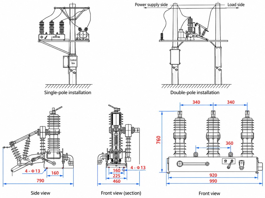 ZW32-12MG installation dimensions drawing single-pole and double-pole mounting configurations side front views outline mm