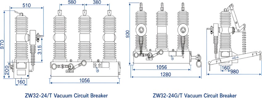 ZW32-24/T and ZW32-24G/T outdoor vacuum circuit breaker outline installation dimension drawing