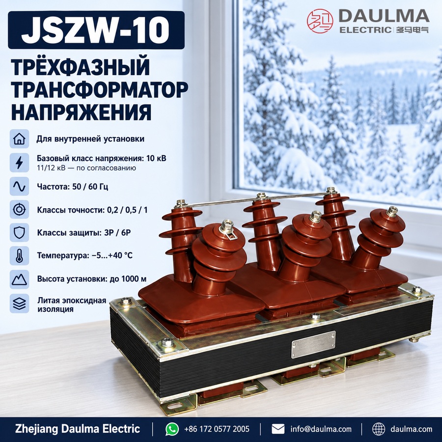 Трехфазный измерительный трансформатор напряжения JSZW-10, 10 кВ, эпоксидный литой, для внутренней установки | Daulma 2 Трехфазный измерительный трансформатор напряжения JSZW-10, 10 кВ, эпоксидный литой, для внутренней установки | Daulma — технический плакат на русском языке