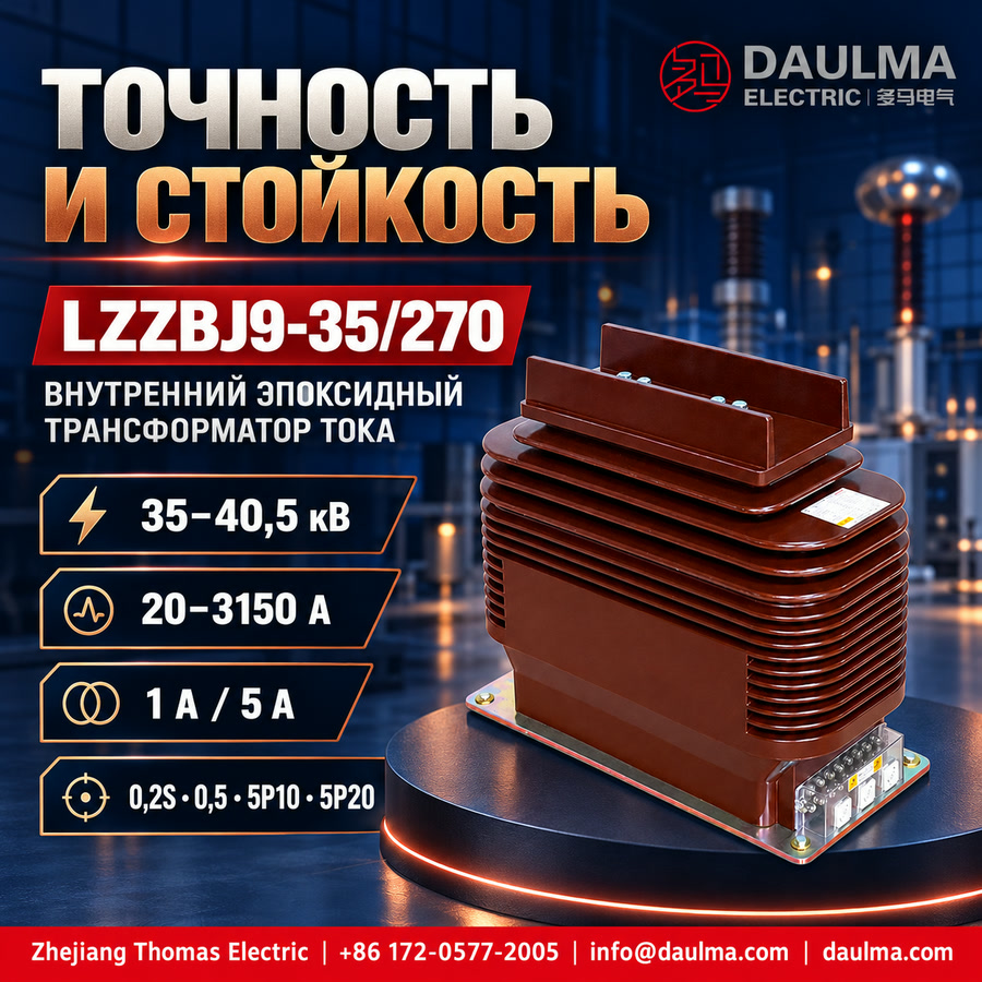 Трансформатор тока LZZBJ9-35/270 для внутренней установки, 35–40,5 кВ, до 3150 А | Daulma 3 Трансформатор тока LZZBJ9-35/270 для внутренней установки, 35–40,5 кВ, до 3150 А | Daulma — технический плакат на русском языке