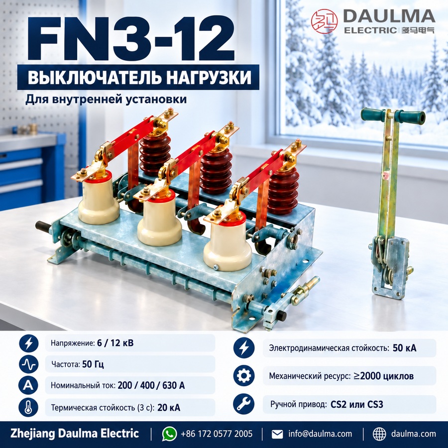 Выключатель нагрузки FN3-12 для внутренней установки 6/12 кВ, 630 А | Daulma 2 Выключатель нагрузки FN3-12 для внутренней установки 6/12 кВ, 630 А | Daulma — технический плакат на русском языке