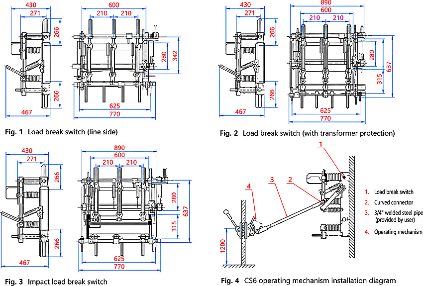 FN7-12 load break switch outline and installation dimensions Fig.1-4