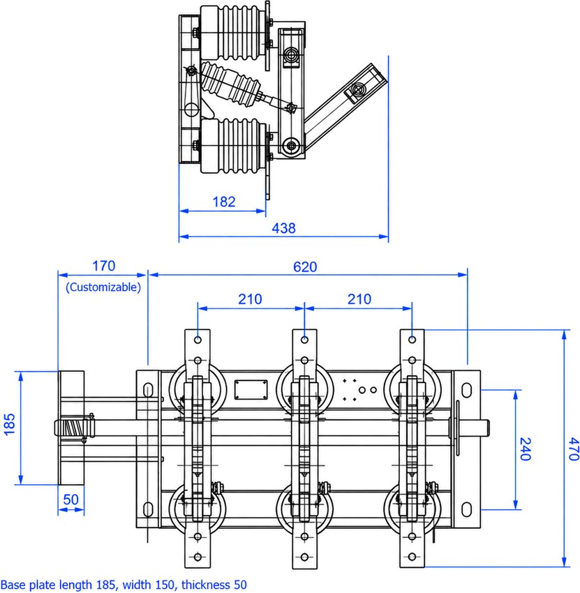 Schéma des dimensions d'encombrement et de montage du sectionneur haute tension d'intérieur GN19-12