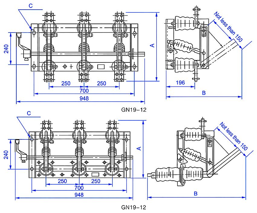 GN19-12 indoor high voltage disconnector outline and installation dimensions drawing
