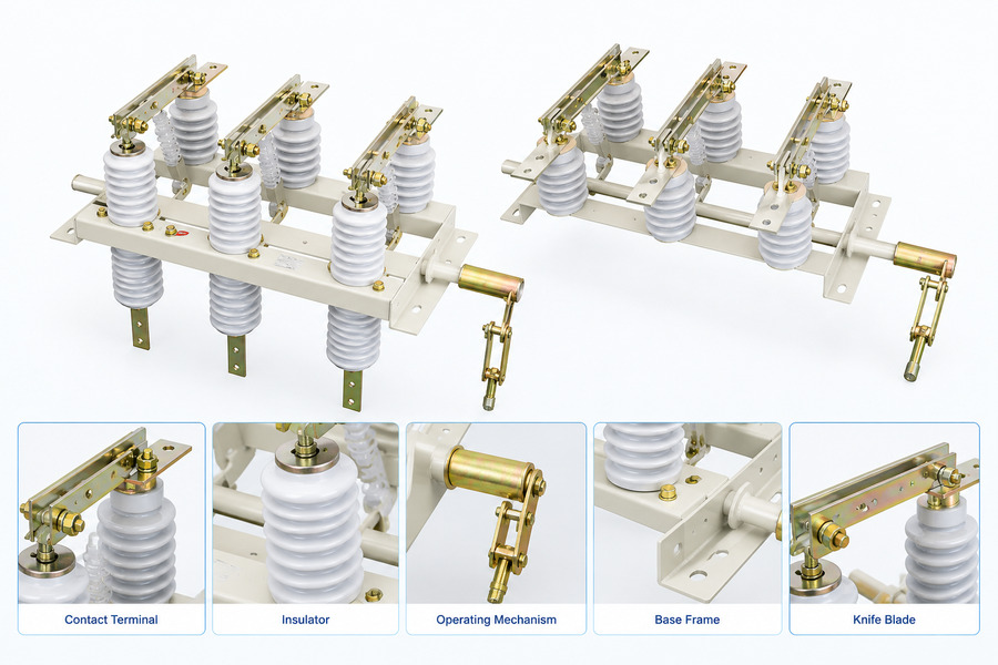 GN19-12 Series Indoor High Voltage Disconnector With CS6-1 Mechanism 1 GN19-12 indoor disconnector with contact terminal, insulator, operating mechanism, base frame and knife blade details