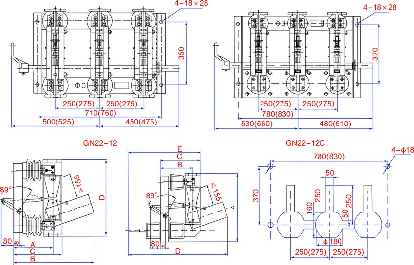 GN22-12 and GN22-12C indoor high voltage disconnector outline and mounting dimensions drawing