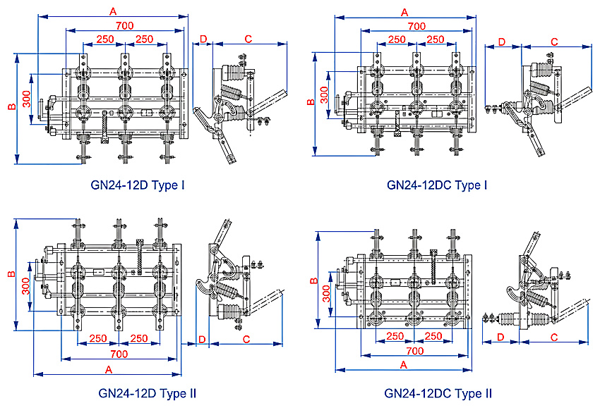 GN24-12D indoor high voltage disconnector with earthing switch outline and installation dimensions, type I and type II and the wall-bushing C versions