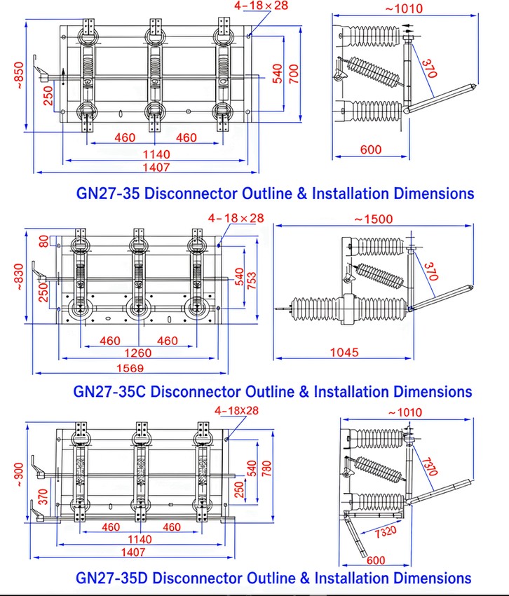 GN27 35kV indoor high voltage disconnector outline and installation dimensions drawing for GN27-35, GN27-35C and GN27-35D
