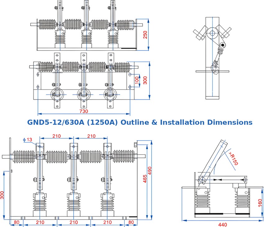 GND5-12/630A 1250A indoor rotary high voltage disconnector outline and mounting dimensions drawing