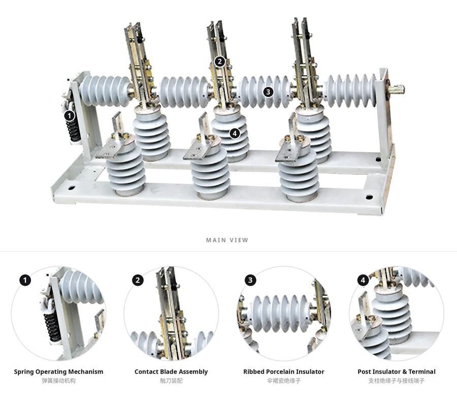 GND5-12 Indoor Single-Sided Earthing Rotary High Voltage Disconnector 1 GND5-12 indoor rotary high voltage disconnector main view with spring operating mechanism, contact blade assembly, ribbed porcelain insulator and post insulator terminal detail views
