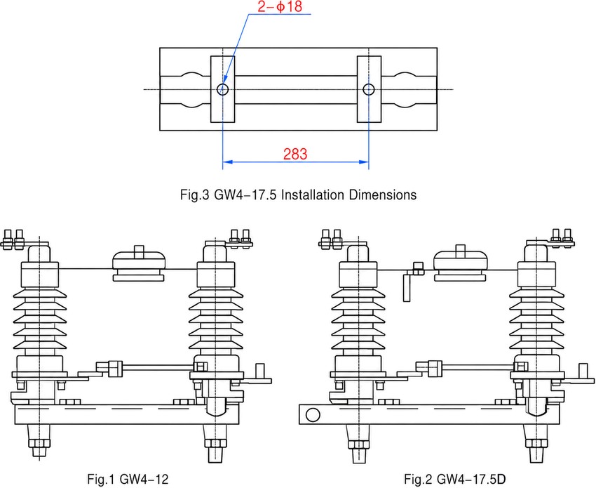 GW4 outdoor high voltage disconnector outline and mounting dimensions drawing
