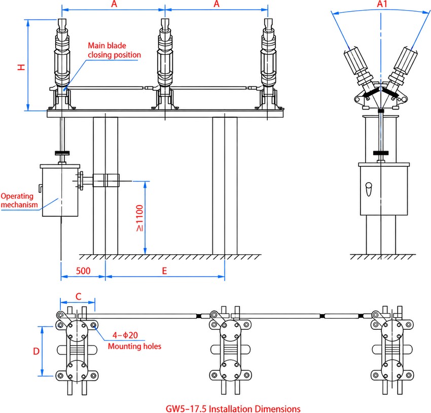 GW5 outdoor high voltage disconnector outline and mounting dimensions drawing