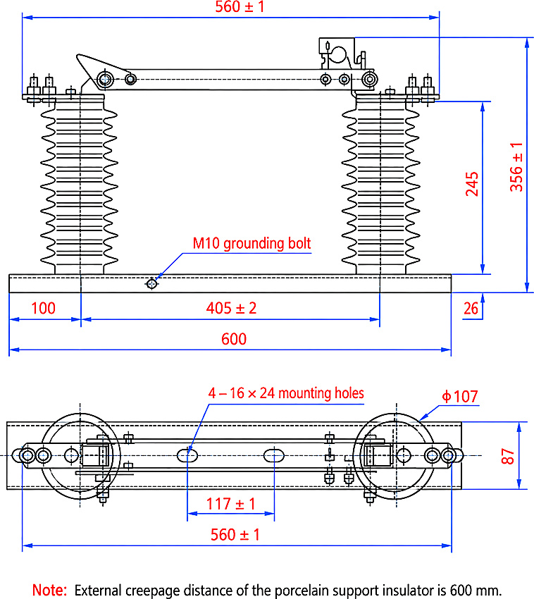 GW9 outdoor high voltage disconnector single pole outline and installation dimensions