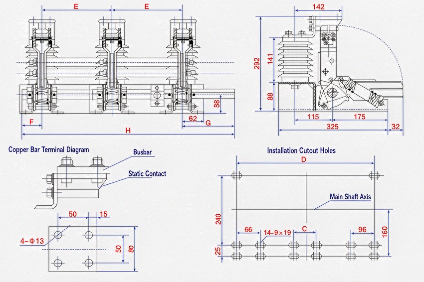 JN17-12/40 combined indoor high voltage earthing switch outline and installation dimensions