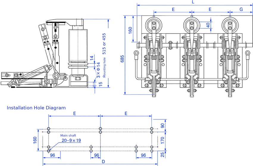 JN22-40.5 indoor high voltage earthing switch outline and installation dimensions