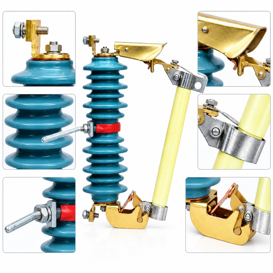 RW3-10KV High-Voltage Dropout Fuse Cutout 1 RW3-10KV high-voltage dropout fuse cutout close-up of the frame contacts, porcelain insulator and fuse tube
