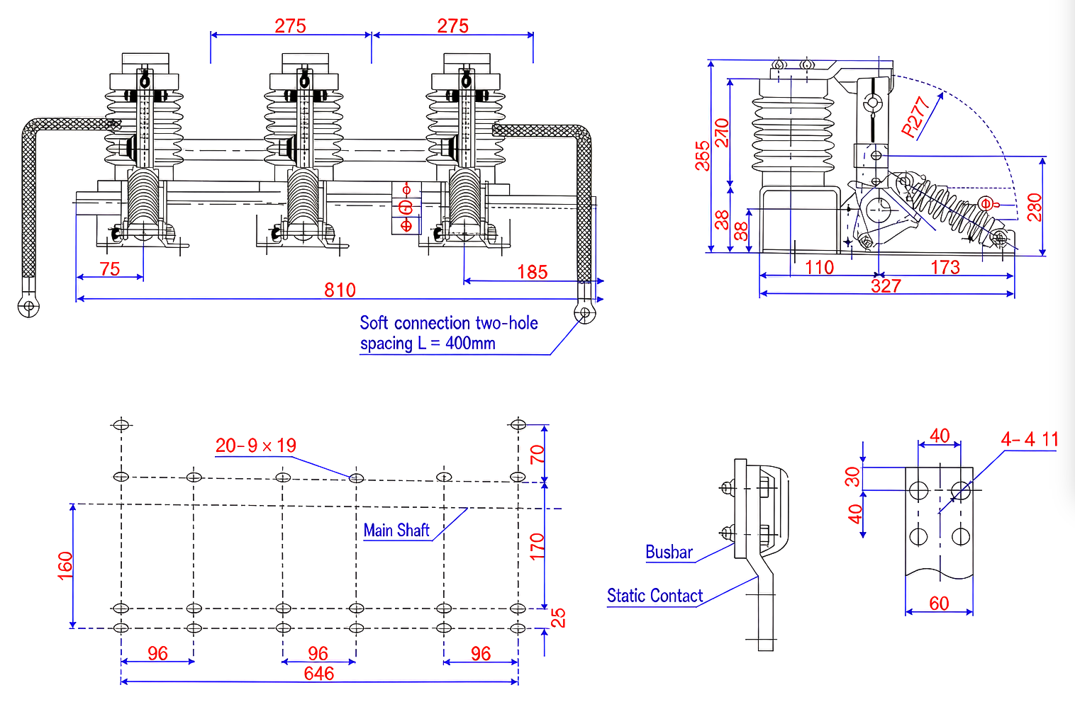 JN15-24/31.5 indoor high voltage earthing switch outline and installation dimensions