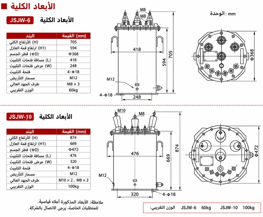 أبعاد تركيب محولات JSJW-6 وJSJW-10 باللغة العربية