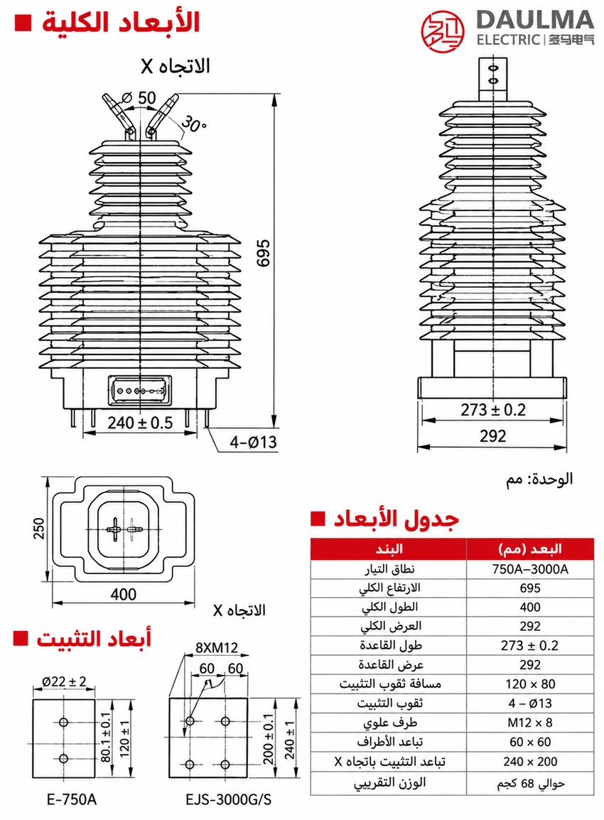 الأبعاد وأبعاد التثبيت لمحول LZZB8-35W باللغة العربية
