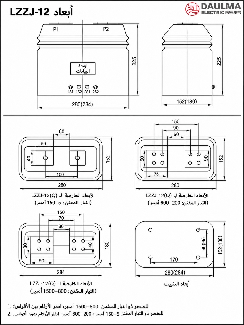 الأبعاد الخارجية وأبعاد تثبيت محول التيار LZZJ-12Q